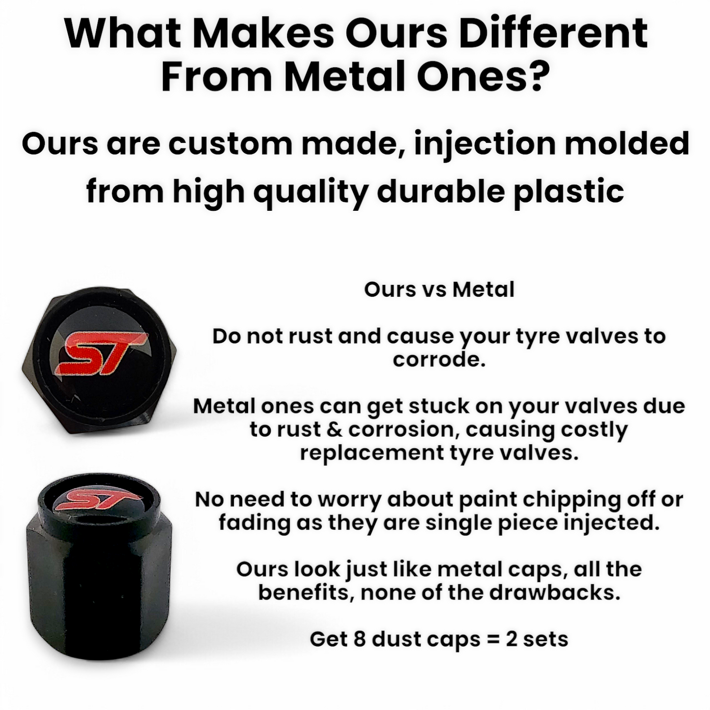 Ford ST Dust Caps x 8 Anti Rust & Corrosion - Plastic Ford ST Tyre Valve Caps