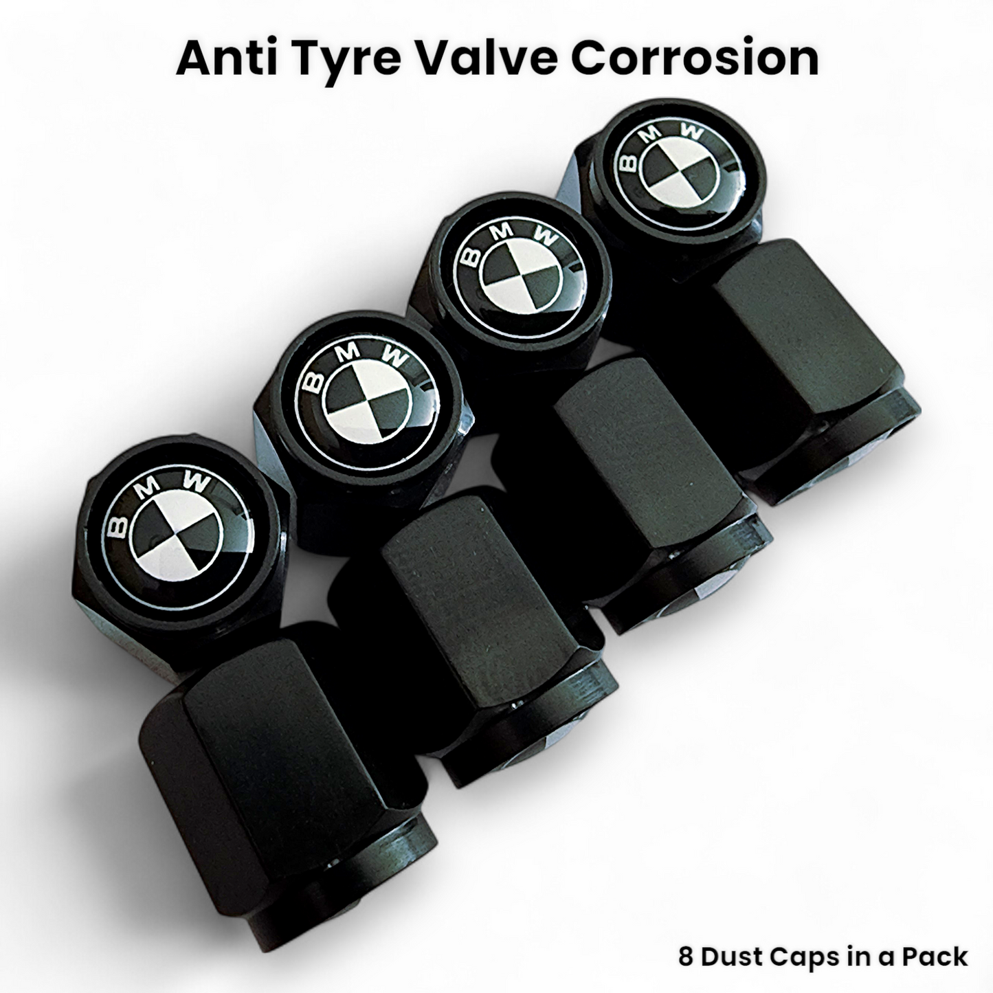 BMW Dust Caps x 8 - Black Logo Anti Rust & Corrosion - Plastic BMW Tyre Valve Caps