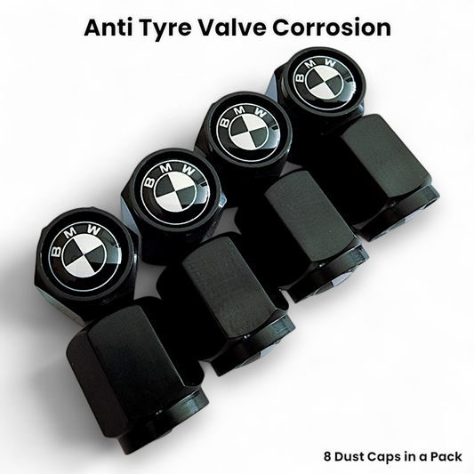 BMW Dust Caps x 8 - Black Logo Anti Rust & Corrosion - Plastic BMW Tyre Valve Caps
