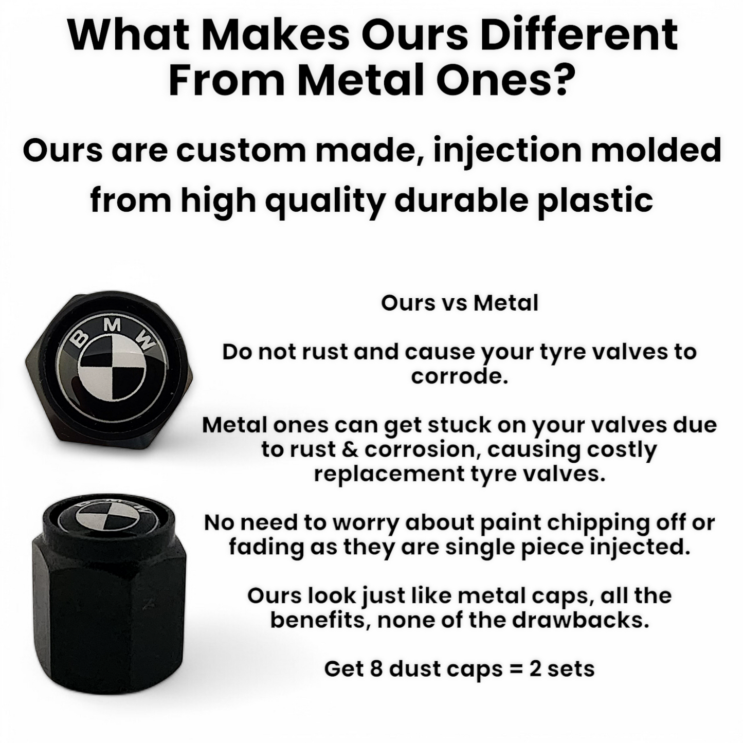 BMW Dust Caps x 8 - Black Logo Anti Rust & Corrosion - Plastic BMW Tyre Valve Caps