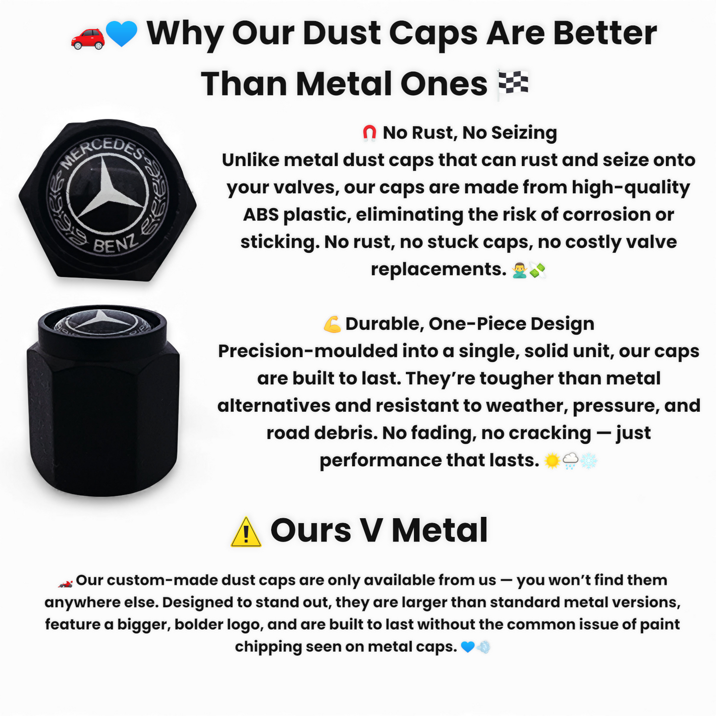 Mercedes Benz Dust Caps x 8 White Logo Anti Rust & Corrosion - Plastic Mercedes Tyre Valve Caps